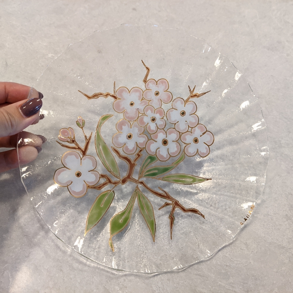 Vintage Art Studio Handmade By C. Allard Enamel Painted Flowers On A Glass Plate